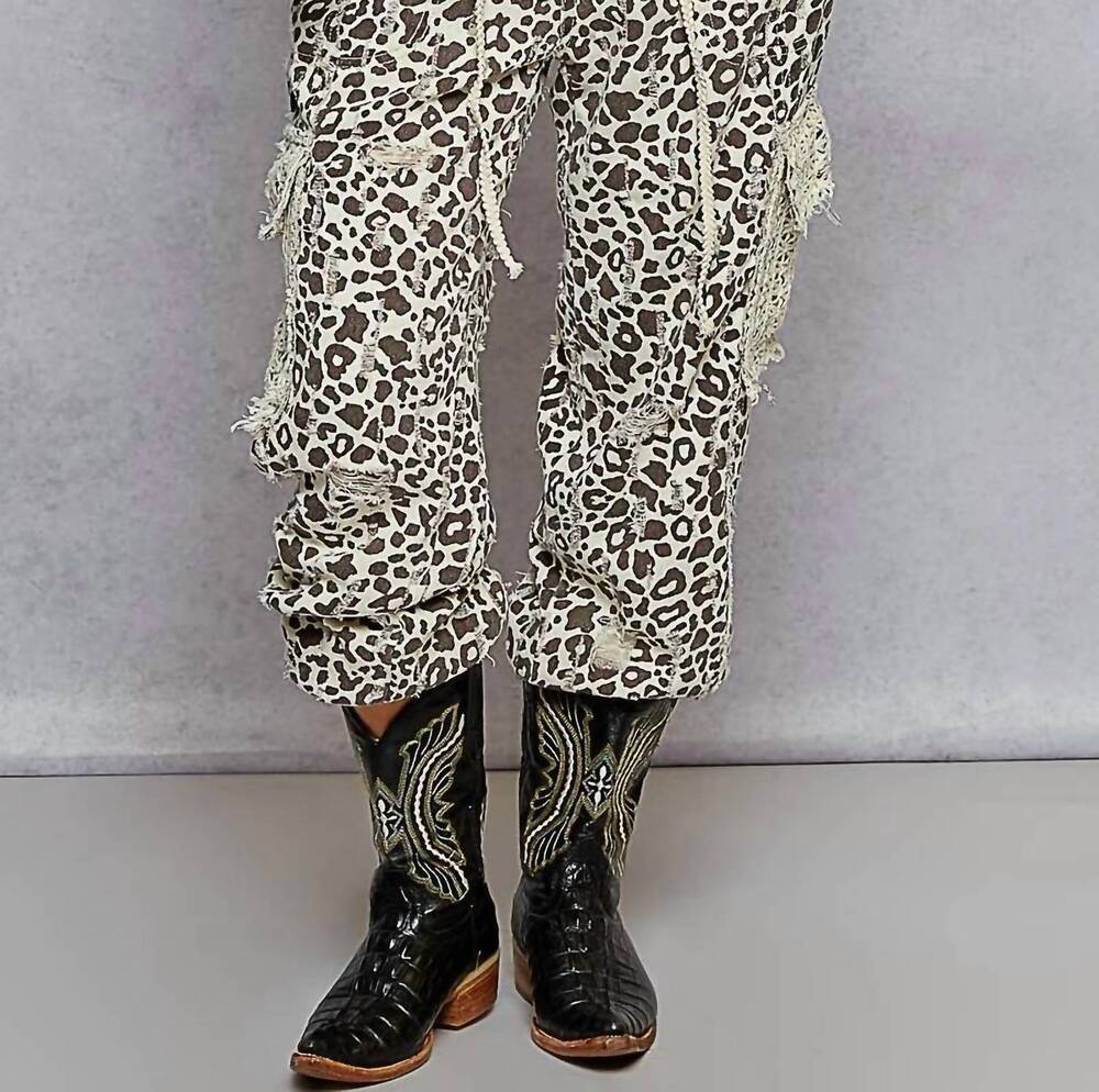 NEW POL jogger denim pants in cream chocolate leopard